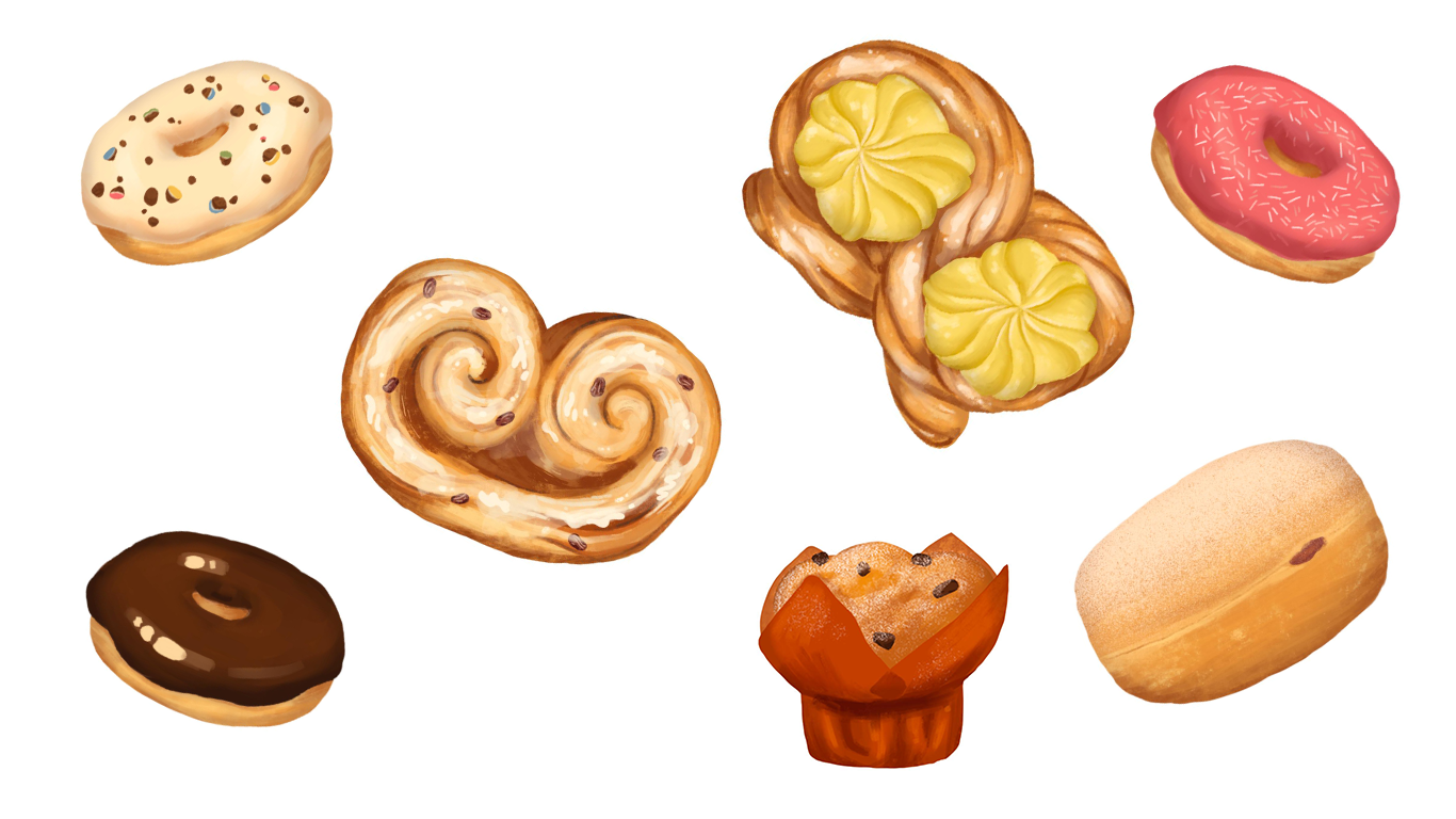 Illustraties van gebak, gemaakt voor mijn vorige werkgever